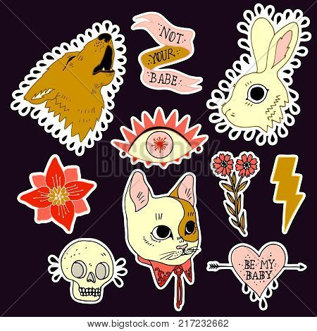 Set of stickers, pins, patches and handwritten notes collection in cartoon. Wolf, rabbit, cat, heart, flower and eye. Be my babe. Not your babe. Print on tshirts and other materials.