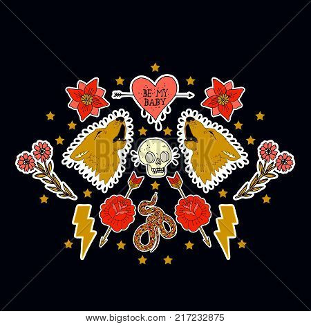 Set of stickers, pins, patches and handwritten notes collection in cartoon. Wolf, snake, heart, flower and eye. Be my babe. Not your babe. Print on t-shirt and other materials.