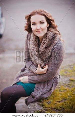 Pippin Cover Lady With Brunette Hairs Deep Blue Eyes Pout Pink Lips Wearing Cozy Warm Jacket Sweater
