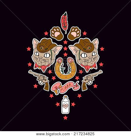 Western set of stickers, pins, patches and handwritten notes collection in cartoon. Cat, gun, horseshoe, hat. Print on tshirts and other materials.