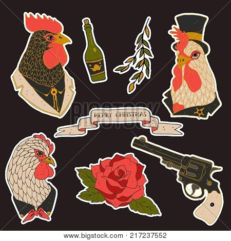 Set of western hen patches elements. Set of stickers, pins, patches and handwritten notes collection in cartoon 80s-90s comic style.Vector stikers kit