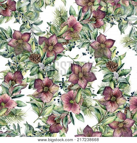 Watercolor seamless pattern with hellebore flowers. Hand painted snowberry, fir branch and leaves, berry isolated on white background. Winter floral ornament for design and fabris. Holiday print