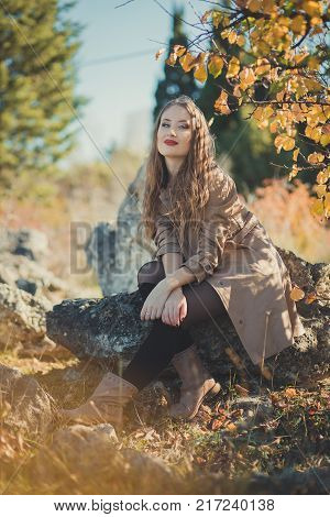 Sexy Amazing Lady Girl Nifty Stylish Dressed In Autumn Jacket With Blond Hairs And Pout Red Lips Wit