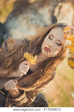 Sexy Amazing Lady Girl Nifty Stylish Dressed In Autumn Jacket With Blond Hairs And Pout Red Lips Wit
