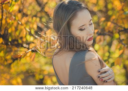 Sexy Amazing Lady Girl Nifty Stylish Dressed In Autumn Jacket With Blond Hairs And Pout Red Lips Wit