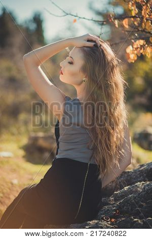 Sexy Amazing Lady Girl Nifty Stylish Dressed In Autumn Jacket With Blond Hairs And Pout Red Lips Wit