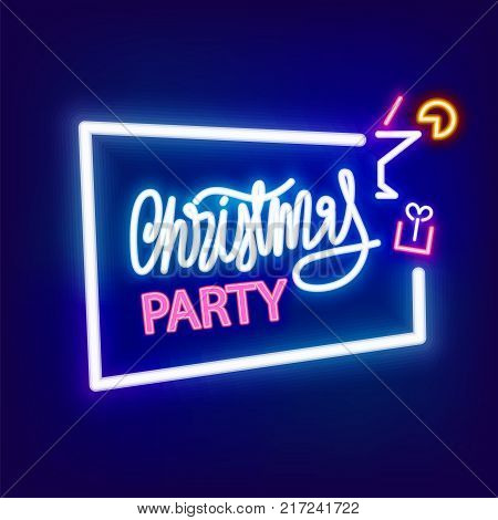 Christmas new year party season icon neon sign, symbol. Colored banner. Advertise alcohol cocktail disco symbol. Lamp shine billboard vector illustration label design. Vintage fashion.