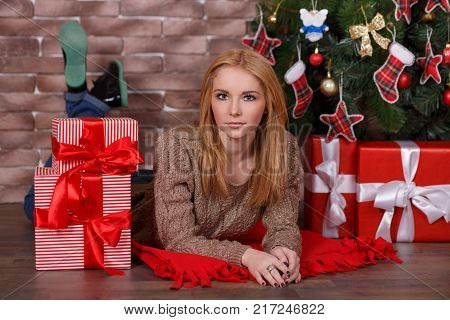Amazing Beautiful Face Lady Girl With Perfect Skin And Blond Hairs Posing For Christmas Holidays Clo