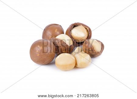 dried macadamia nut with shell on white background