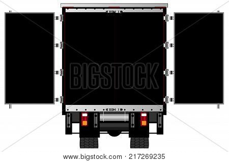 The rear end of a large lorry with open doors over a white background