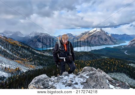 Hiking in Canadian Rockies. Banff National Park. Spray Lake near Canmore and Banff. Alberta. Canada.
