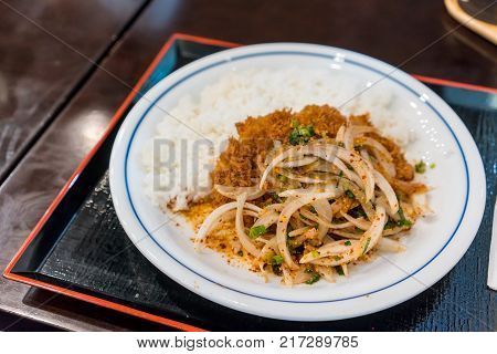 Thai Larb Menu Fusion On Tonkatsu Served With Steamed Rice On Tray.
