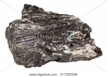 macro shooting of natural mineral rock specimen - raw Gedrite stone isolated on white background from Yelovyy Navolok (Shuyeretskoe mine), Karelia, Russia