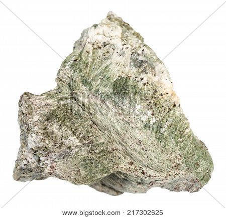 macro shooting of natural mineral rock specimen - raw peridotite stone with Phlogopite mica isolated on white background from Kovdor region, Kola Peninsula, Russia