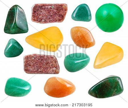 collection of natural mineral specimens - various polished aventurine gemstones isolated on white background