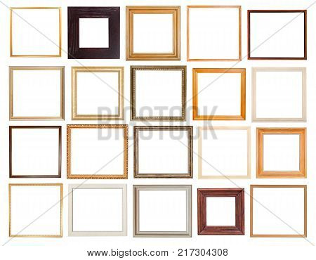 set of round wooden picture frames with cut out canvas isolated on white background