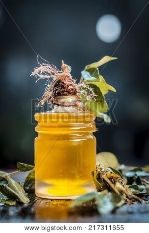 Murraya Koenigii,curry Leaves With Extracted Oil In A Transparent Bottle.concept Of Taking Care Of H