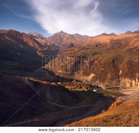 caucasus, georgian mountains beautiful autumn evening valley