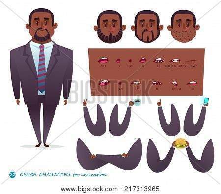 African American character for scenes.Parts of body template for design work, animation. Funny office man cartoon.Vector illustration isolated on white background. Set for character speaks animations.