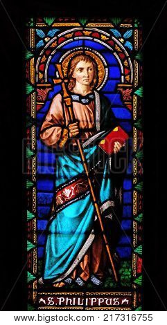 LUCCA, ITALY - JUNE 03: Saint Philip the Apostle, stained glass window in the San Michele in Foro church in Lucca, Tuscany, Italy on June 03, 2017.
