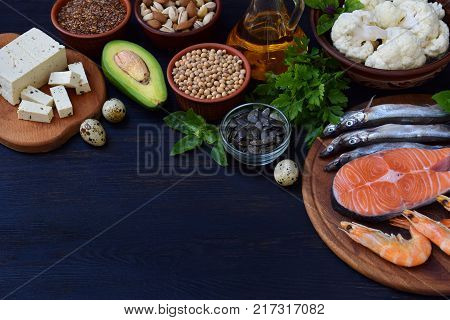 Composition Of Products Containing Unsaturated Fatty Acids Omega 3 - Fish, Nuts, Tofu, Avocado, Eggs