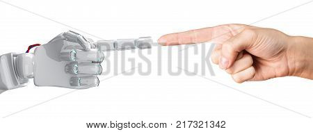 Human hand touching an android hand. Isolated on white background. 3d rendering.