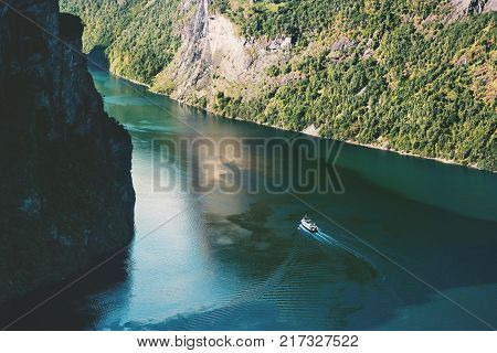 Geiranger fjord and ship Landscape in Norway Travel scenic aerial view