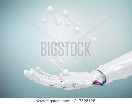 White robot hand touching molecule formula over blue background. Future technology and progress concept. 3d rendering
