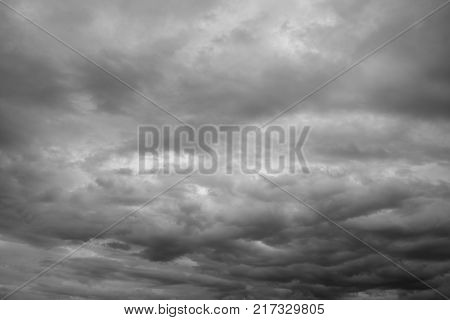 Cloudscape overcast clouds over horizon. Cloudy gray sky background.