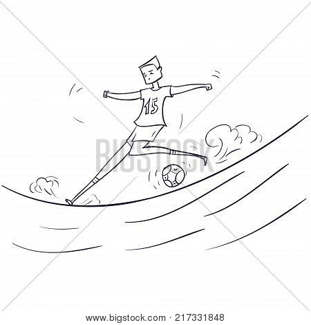 Hand Drawn Cartoon Running Soccer Player with Ball. Vector Illustration