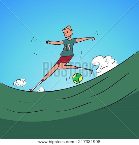 Hand Drawn Cartoon Running Soccer Player with Ball. Vector Illustration