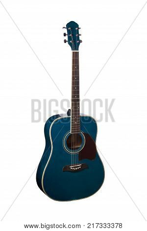 The image of blue acoustic guitar isolated under the white background.