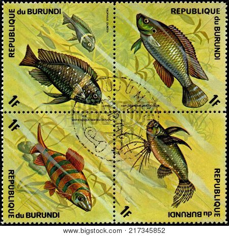 REPUBLIC OF BURUNDI - CIRCA 1974: a stamps, printed in Burundi, shows a fishes: Haplochromis multicolor, Pantodon buchholzi, Distichodus sexfasciatus, Tropheus duboisi