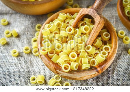 Ditalini macaroni. Pasta rings. Tubettini and thimbles Anellini