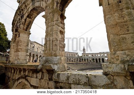 PULA CROATIA - SEPTEMBER 1 2017: The Pula arena in Croatia. The Pula arena is a Roman amphitheatre and the best preserved ancient monument in Croatia.