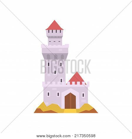 Fairy-tale castle isolated on white background. Stone fort with tower, wooden gate and red cone roof. Icon of medieval building. Flat vector illustration. Design for invitation card or mobile app.