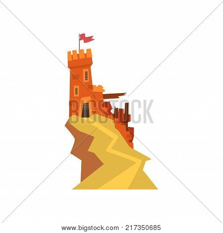 Old orange fortress with destroyed wall on top of hill. Castle with iron grating on entrance and windows. Fluttering red flag on tower. Isolated flat vector. Design for kids fairytales illustration.