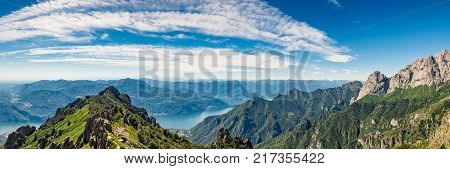 View on Lake of Como as seen from Rifugio Rosalba on Grigna Meridionale in Lombardy Italy