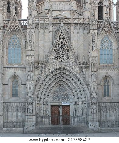 detail of the front facade of the  Cathedral of the Holy Cross and Saint Eulalia,  Barcelona.