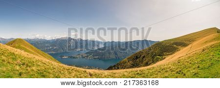 Panoramic view of Lake Como as viewed from hiking trail to Monte Tremezzo