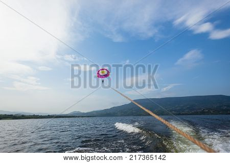 Parachute Gliding Woman Sailing Lake