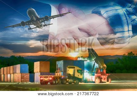 Double expoture business hands shaking with the container truck loading in shipping port and freight cargo.Business logistics conceptTeamwork concept