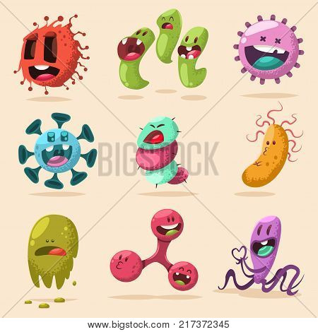 Cute bacteria virus germ vector cartoon character set. Microbe and pathogen vector icons isolated on background.