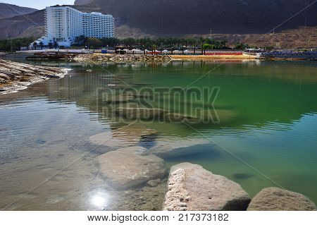 Israel Dead Sea - Apr 3 2015: View on the water gulf and the David resort on background - one from many resorts of Israel's part of Dead sea