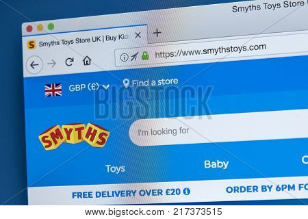 LONDON UK - NOVEMBER 28TH 2017: The homepage of the official website for Smyths - the Irish toys retailer on 28th November 2017.