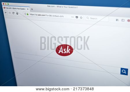 LONDON UK - NOVEMBER 22ND 2017: The homepage of Ask.com - a question answering-focused e-business and web search engine on 22nd November 2017.