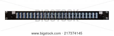 Fibre optic networking patch panel with 48 high density LC ports from a front view for use as a communications cabinet template on an isolated white background