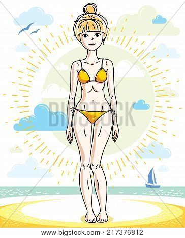 Happy young blonde woman posing on tropical beach and wearing swimsuit. Vector attractive female illustration. Summer vacation lifestyle theme cartoon.