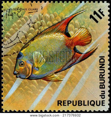 REPUBLIC OF BURUNDI - CIRCA 1974: a postage stamp, printed in Burundi, shows a fish Queen Angelfish (Holocanthus ciliaris)