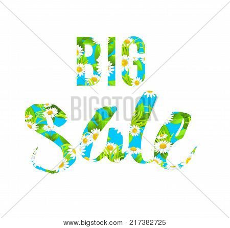 Summer or spring template for design banner, ticket, leaflet, card, poster and so on. Abstract foral seamless pattern. Sale floral lettering.